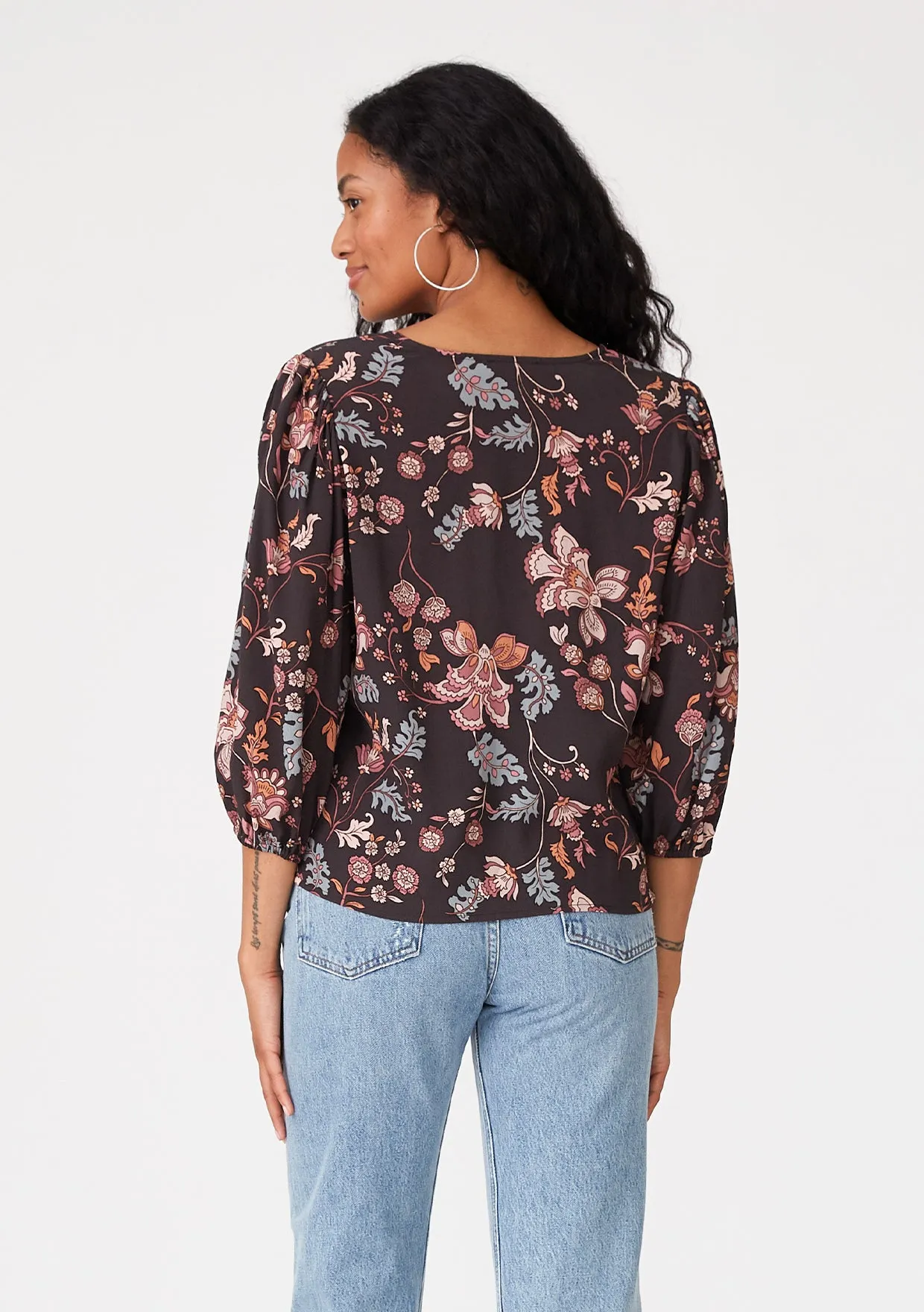 Floral V Neck 3/4 Sleeve Tie Front Blouse