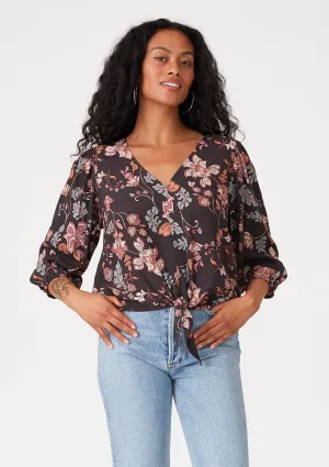 Floral V Neck 3/4 Sleeve Tie Front Blouse