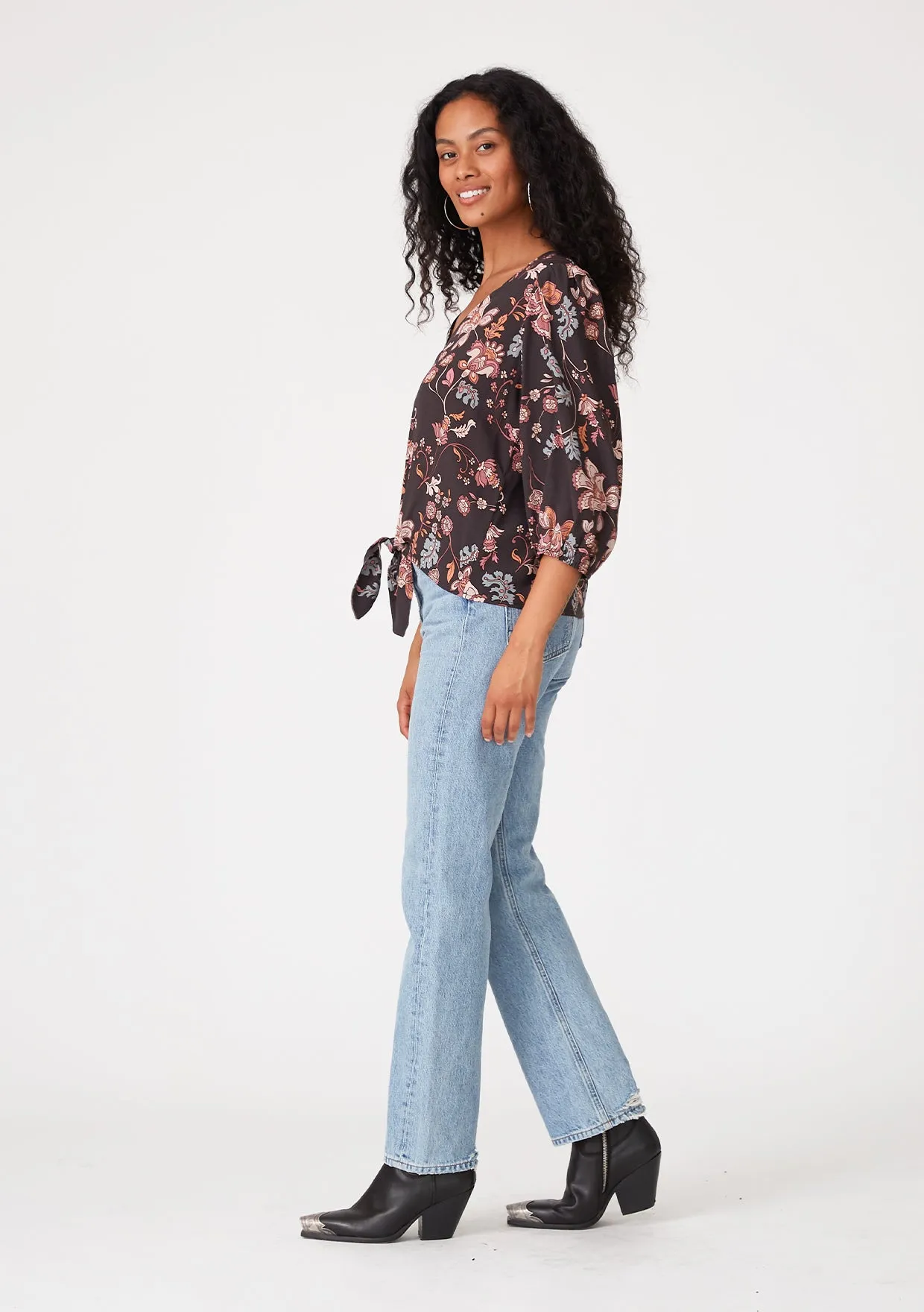 Floral V Neck 3/4 Sleeve Tie Front Blouse