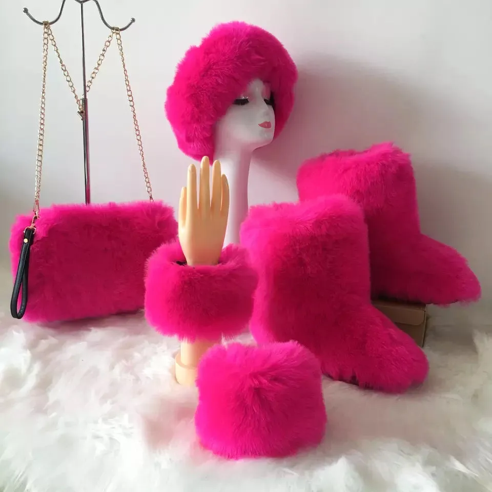 Fluffy Faux Fur Boots with Matching Color Shoulder Bag Set.