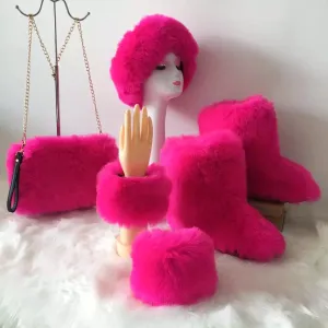 Fluffy Faux Fur Boots with Matching Color Shoulder Bag Set.