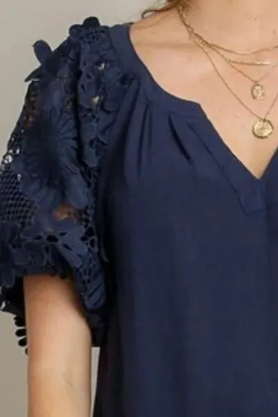 French Terry Boxy Cut Top with 3D Floral Sleeve