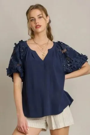 French Terry Boxy Cut Top with 3D Floral Sleeve