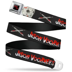 FRIDAY THE 13TH Title Logo Full Color Black/Red Seatbelt Belt - Friday the 13th JASON VOORHEES Script and Hockey Mask Black Webbing