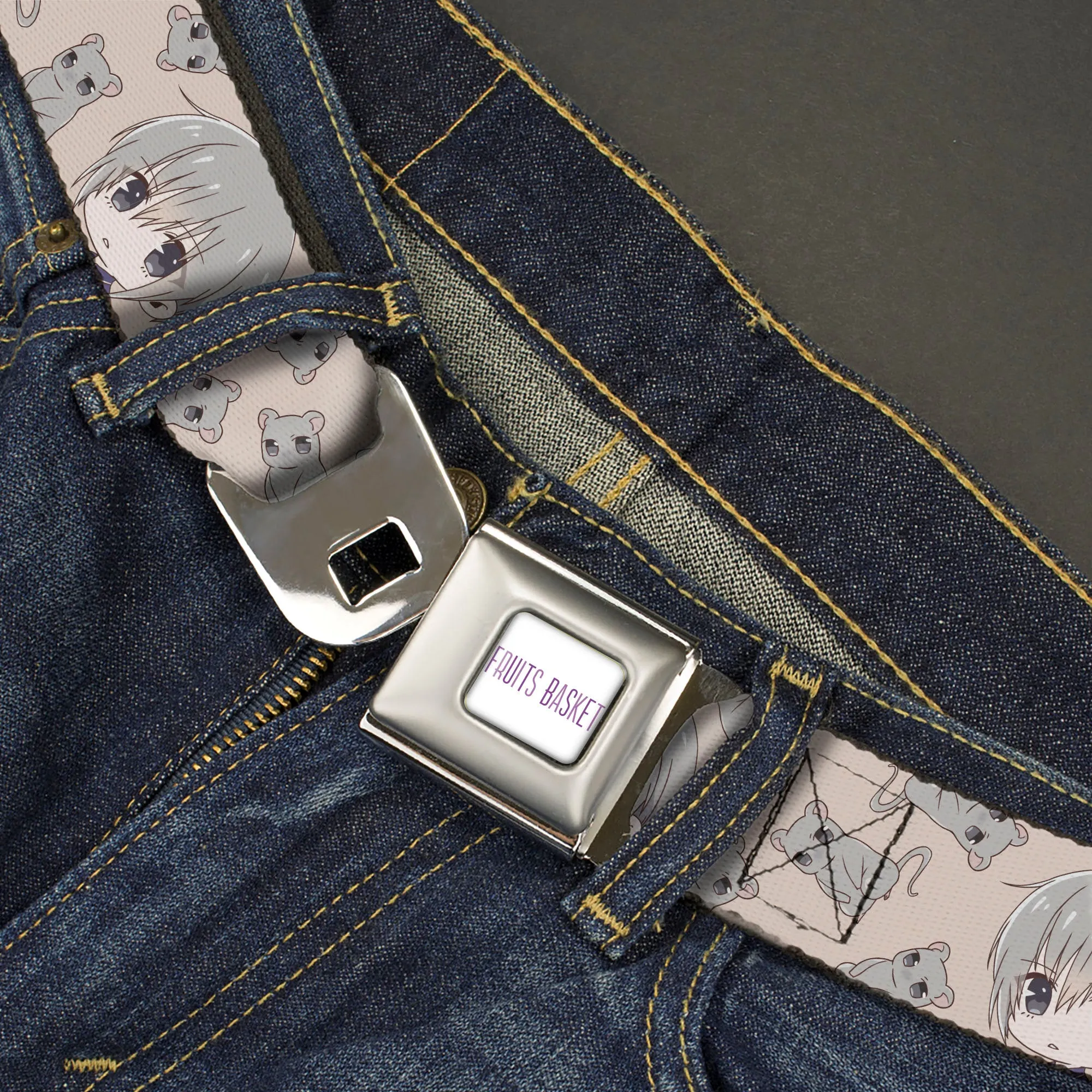 FRUITS BASKET Title Logo Full Color White/Purple Seatbelt Belt - Fruits Basket Chibi Yuki Soma and Rat Scattered Beige/Gray Webbing