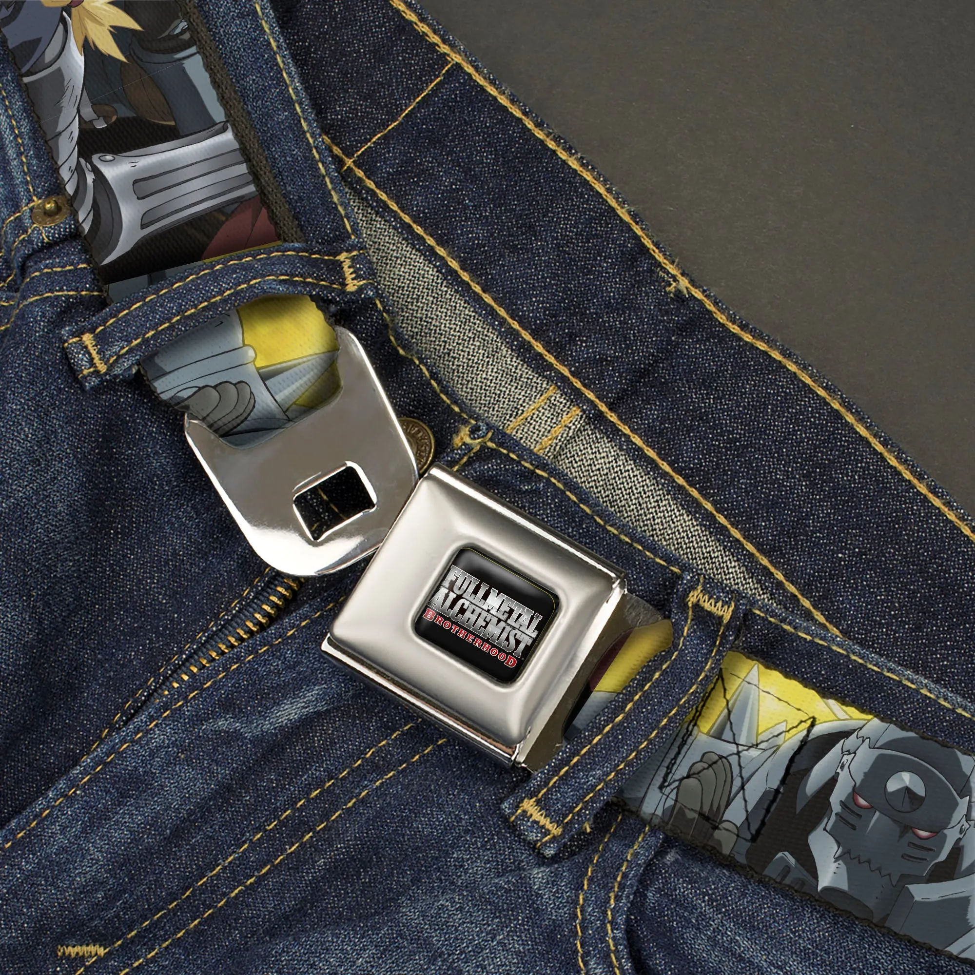 FULLMETAL ALCHEMIST BROTHERHOOD Title Logo Full Color Black Seatbelt Belt - Fullmetal Alchemist Brotherhood Elric Brothers Pose Blocks Webbing