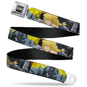 FULLMETAL ALCHEMIST BROTHERHOOD Title Logo Full Color Black Seatbelt Belt - Fullmetal Alchemist Brotherhood Elric Brothers Pose Blocks Webbing