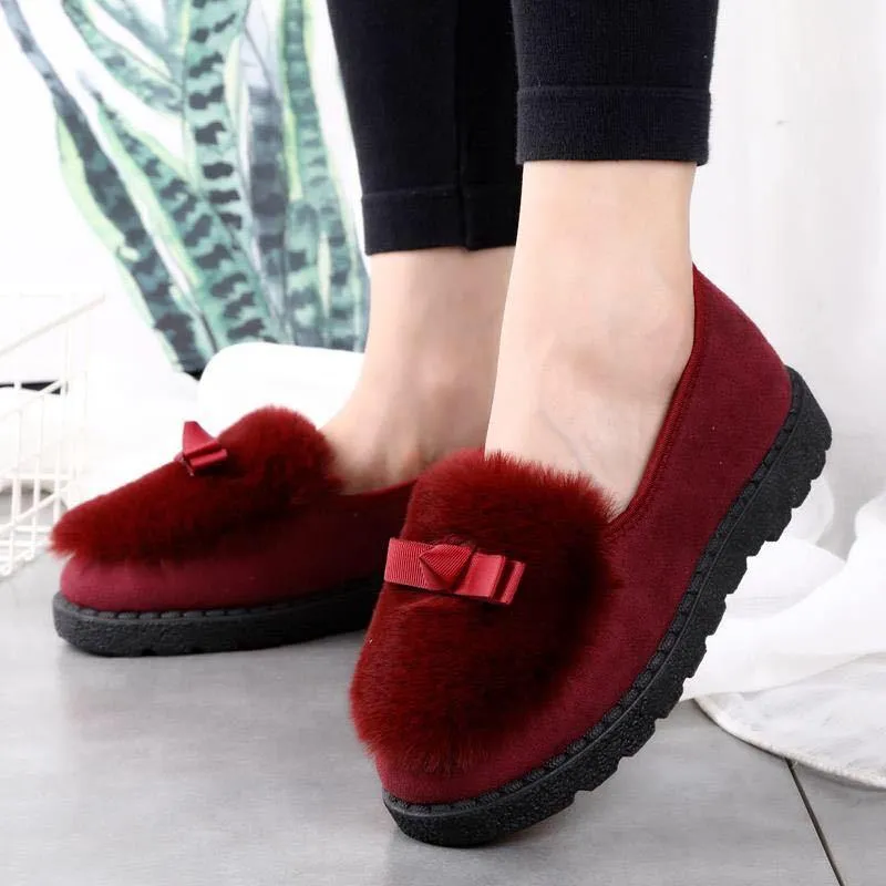 Fur Sneakers Flat Heel Slip on Round Toe Comfort Platform Flats Snow Shoes