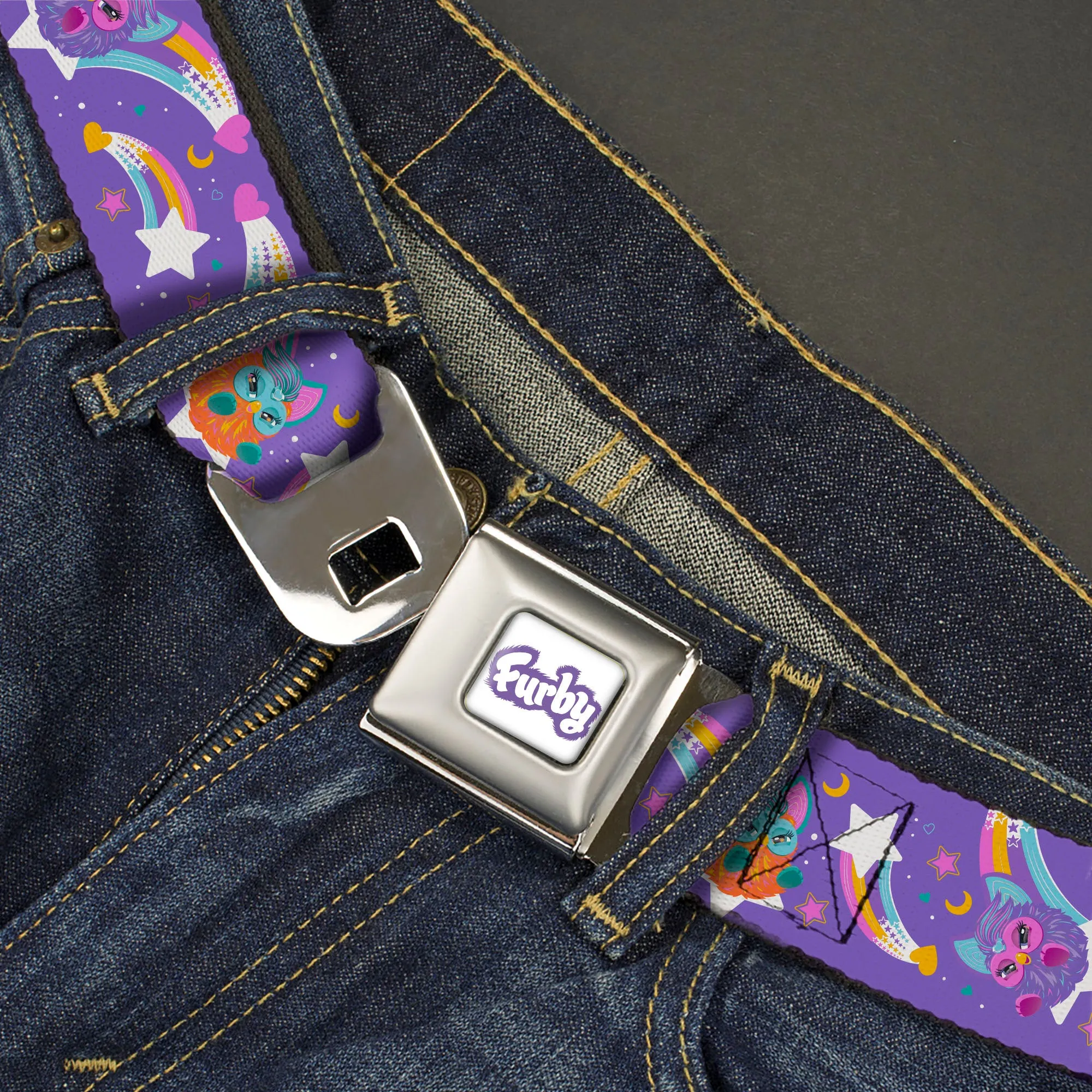 FURBY Title Logo Full Color White/Purple Seatbelt Belt - Furby Orange and Purple Jumping Rainbow Slide Black/Multi Color Webbing