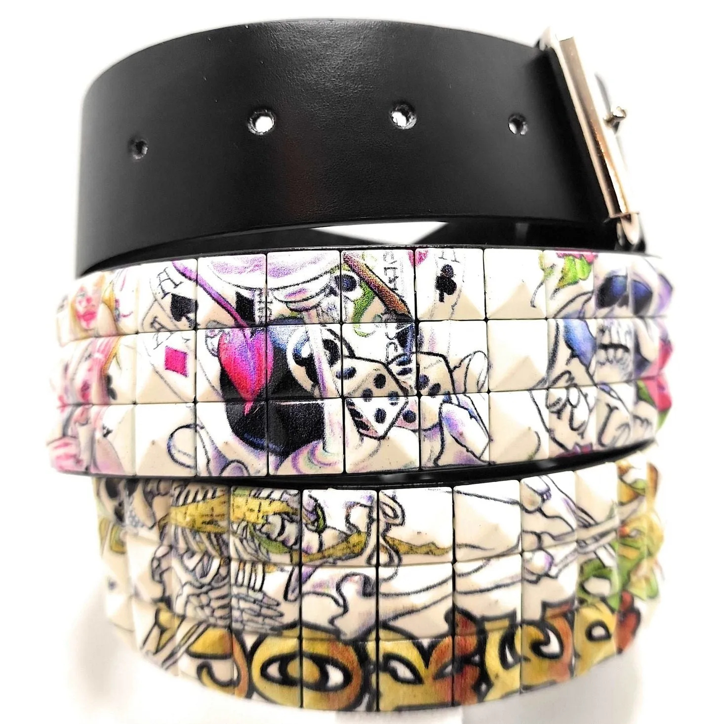 Gambling Skeletons Tattoo Collage Pyramid Studded Leather Belt Punk