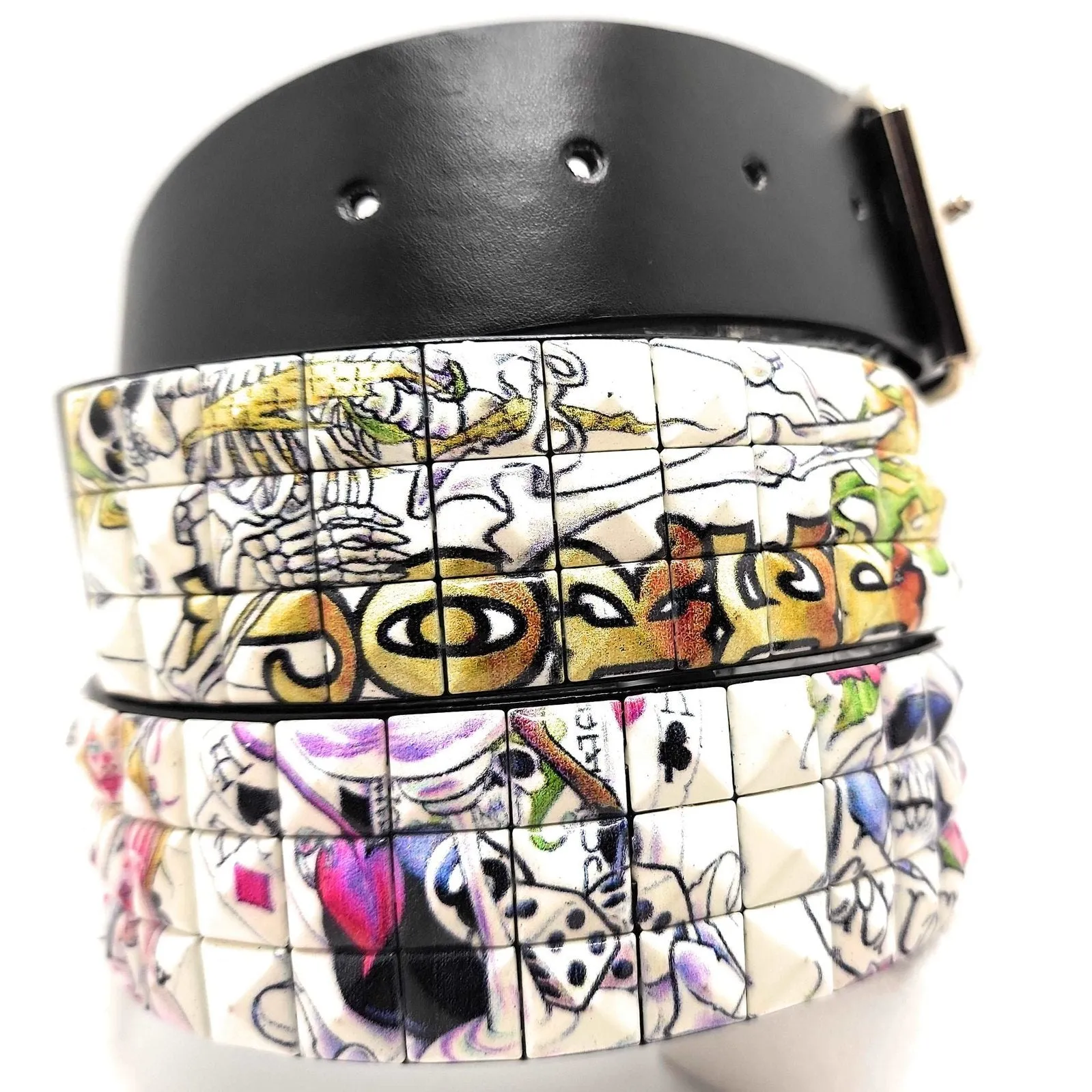 Gambling Skeletons Tattoo Collage Pyramid Studded Leather Belt Punk