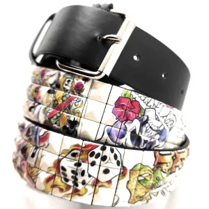 Gambling Skeletons Tattoo Collage Pyramid Studded Leather Belt Punk