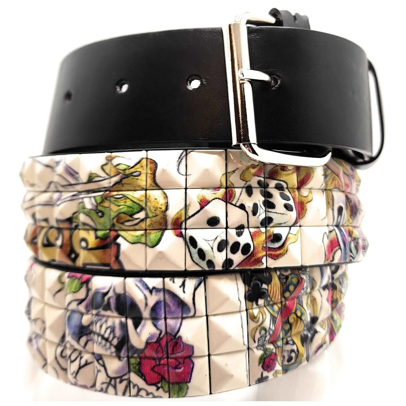 Gambling Skeletons Tattoo Collage Pyramid Studded Leather Belt Punk