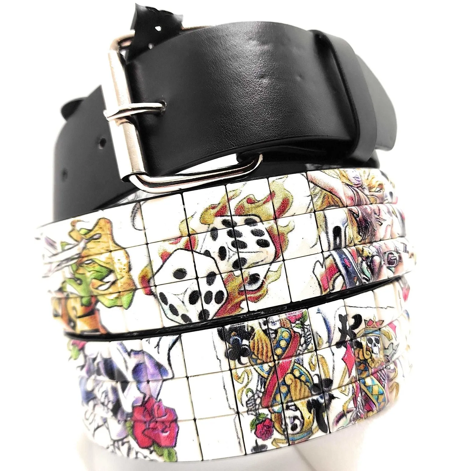 Gambling Skeletons Tattoo Collage Pyramid Studded Leather Belt Punk