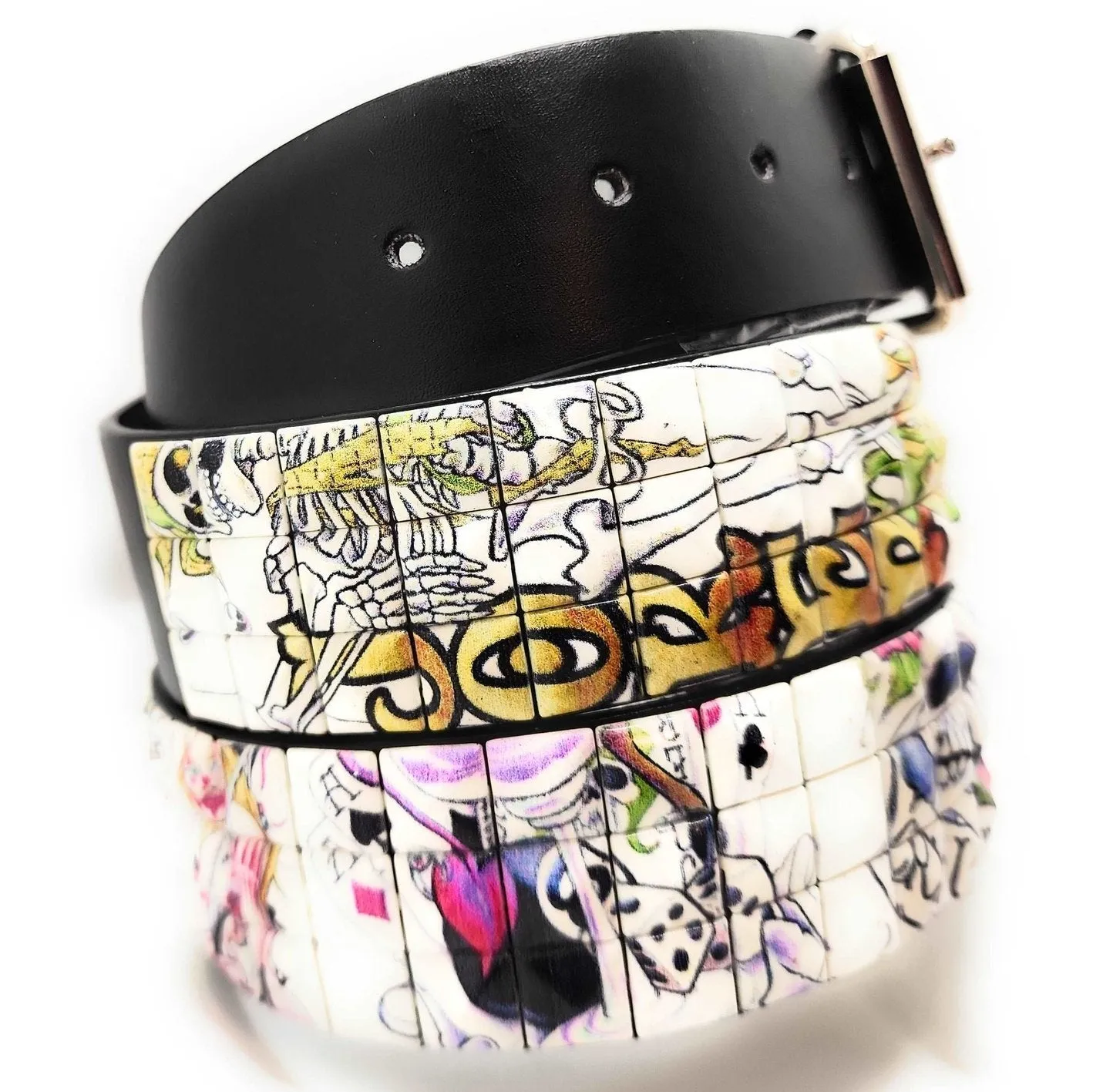 Gambling Skeletons Tattoo Collage Pyramid Studded Leather Belt Punk