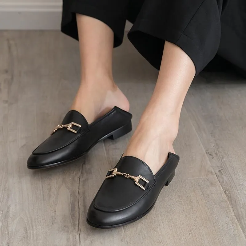 Genuine Leather Flats Shoes Women Black Flats Woman Metal Decoration Shoes
