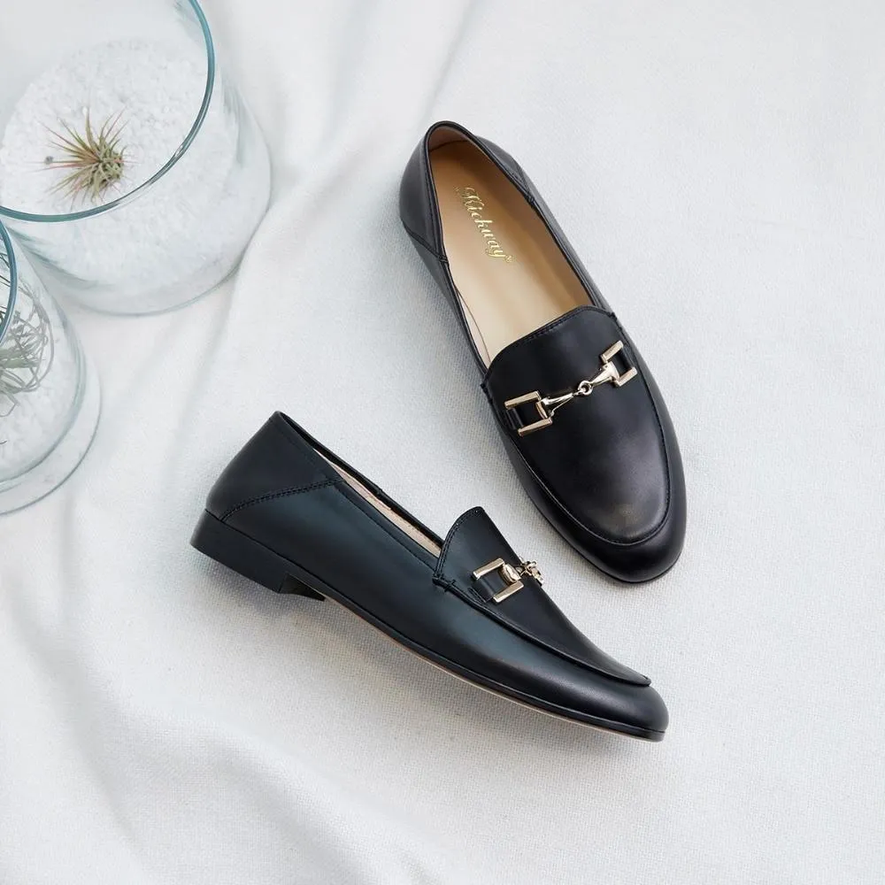 Genuine Leather Flats Shoes Women Black Flats Woman Metal Decoration Shoes
