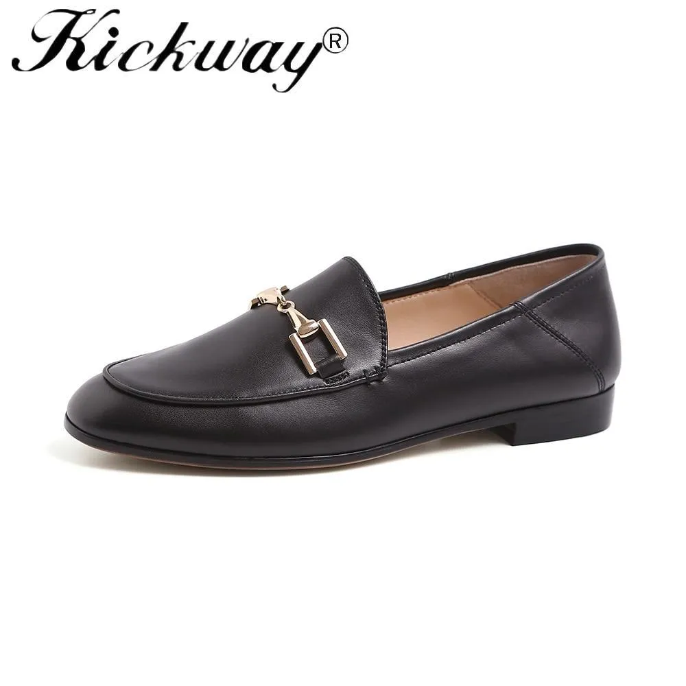 Genuine Leather Flats Shoes Women Black Flats Woman Metal Decoration Shoes