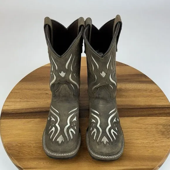Girls‎ Roper Shiloh Brown Metallic Silver Leather Western Cowgirl Boots Size 1 Y