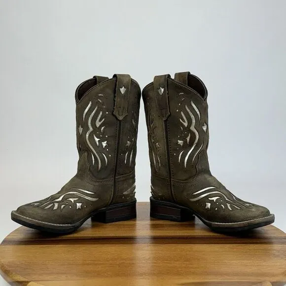 Girls‎ Roper Shiloh Brown Metallic Silver Leather Western Cowgirl Boots Size 1 Y