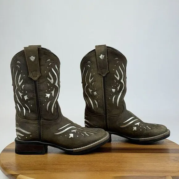 Girls‎ Roper Shiloh Brown Metallic Silver Leather Western Cowgirl Boots Size 1 Y