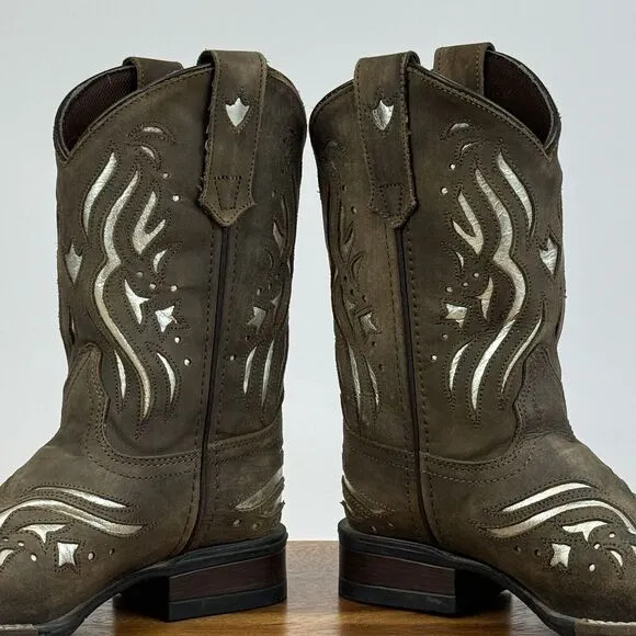 Girls‎ Roper Shiloh Brown Metallic Silver Leather Western Cowgirl Boots Size 1 Y