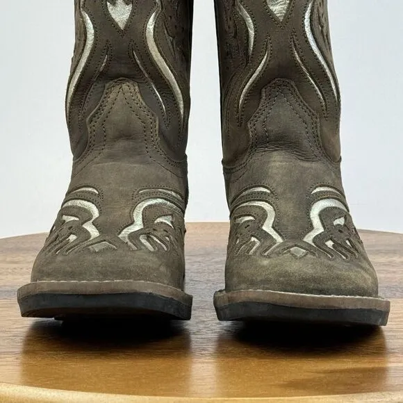Girls‎ Roper Shiloh Brown Metallic Silver Leather Western Cowgirl Boots Size 1 Y