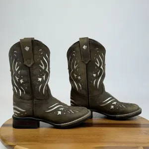 Girls‎ Roper Shiloh Brown Metallic Silver Leather Western Cowgirl Boots Size 1 Y