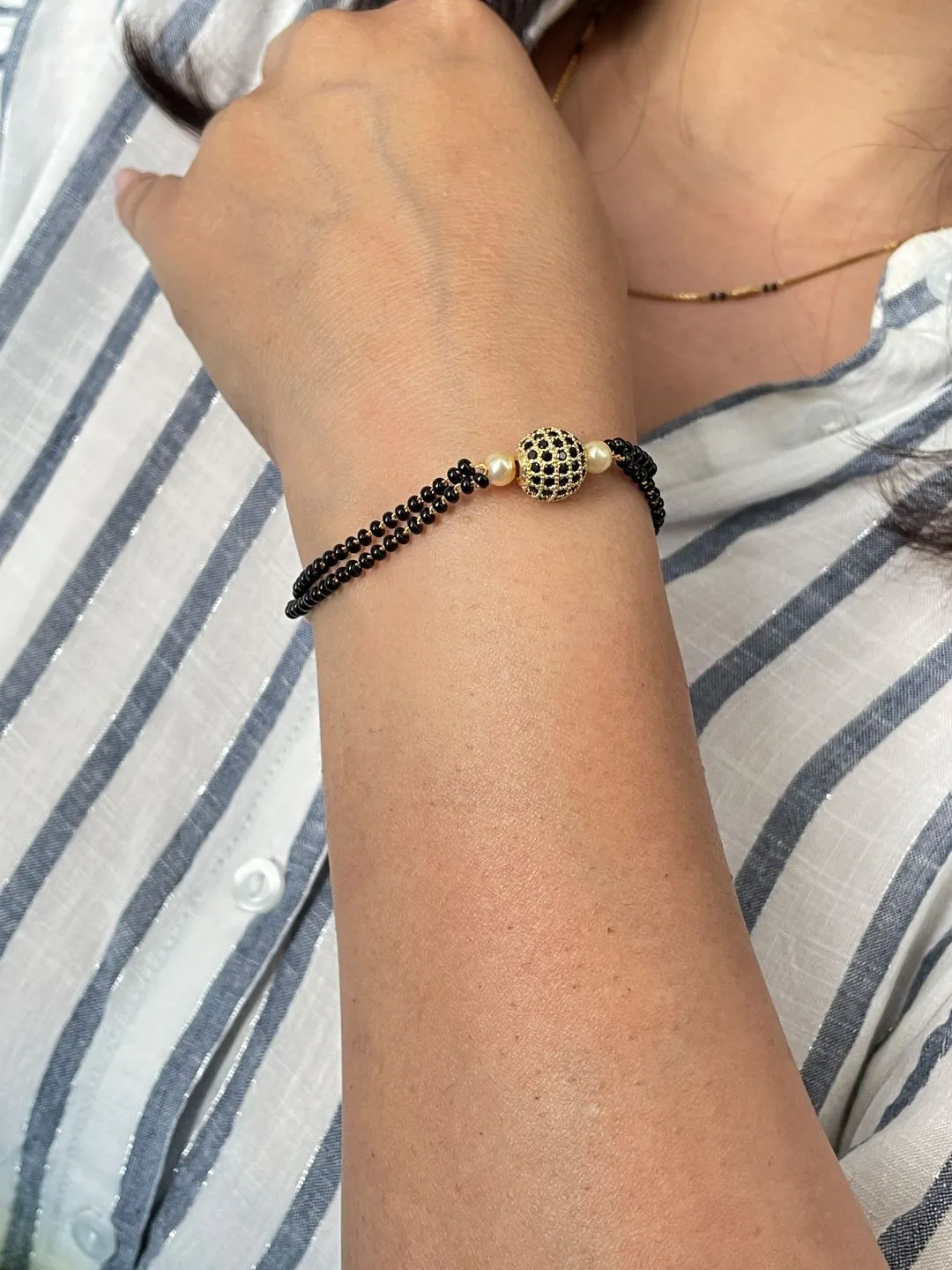 Gold Plated BlacK AD Ball Adjustable Mangalsutra Bracelet