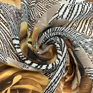 Gold Rose Floral Print Poly Chiffon Fabric