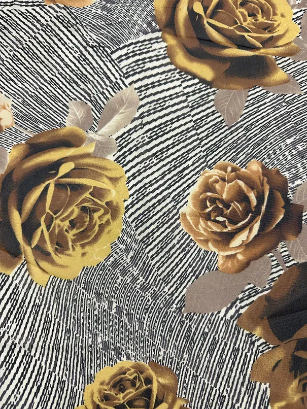 Gold Rose Floral Print Poly Chiffon Fabric