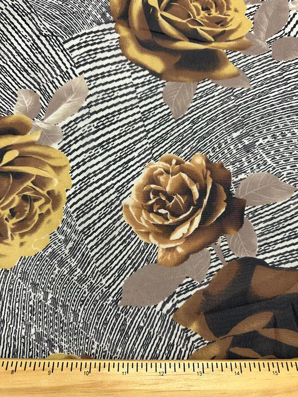 Gold Rose Floral Print Poly Chiffon Fabric