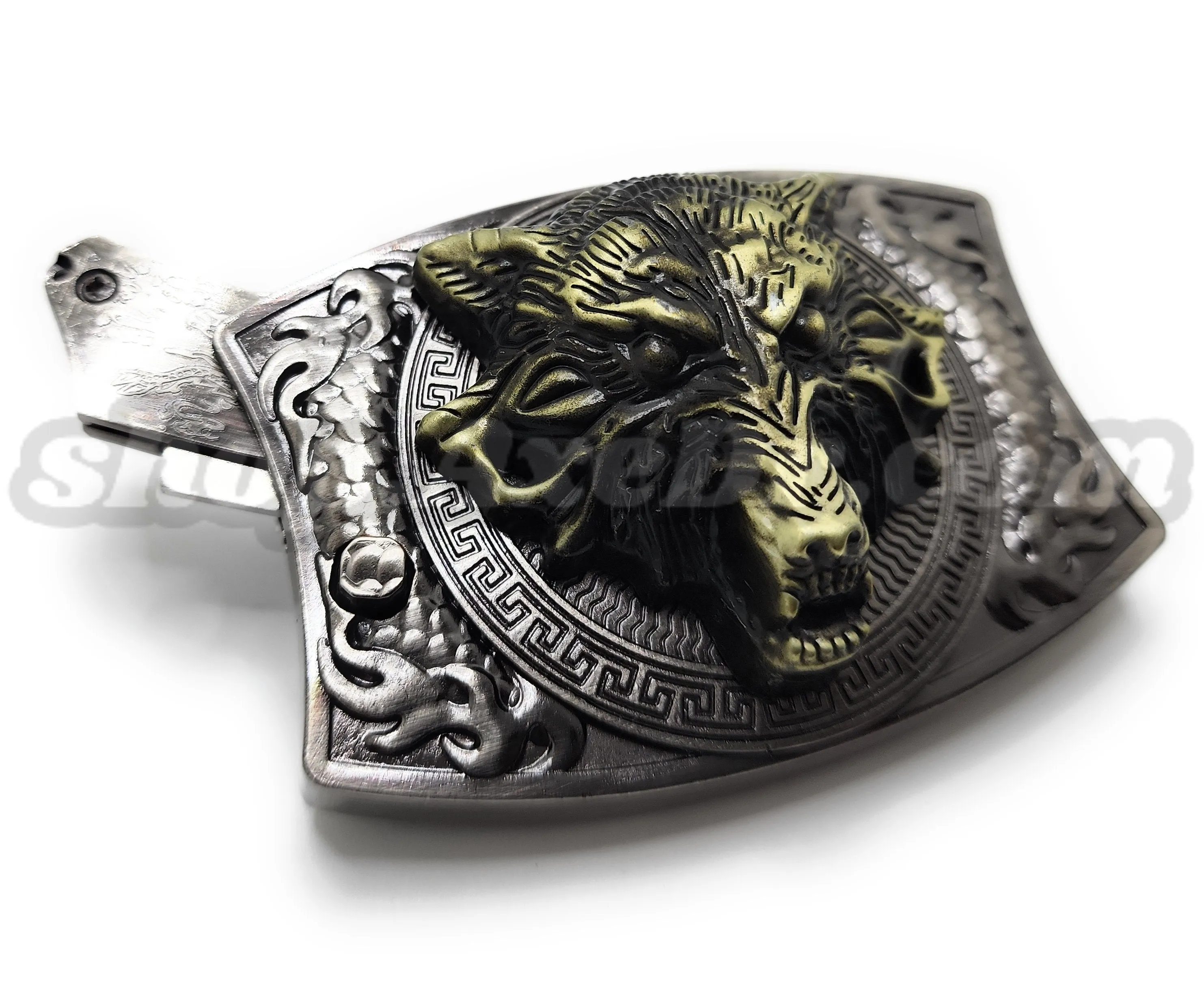 Gold Wolf Head Folding Knife Belt Buckle Push-Button-Release