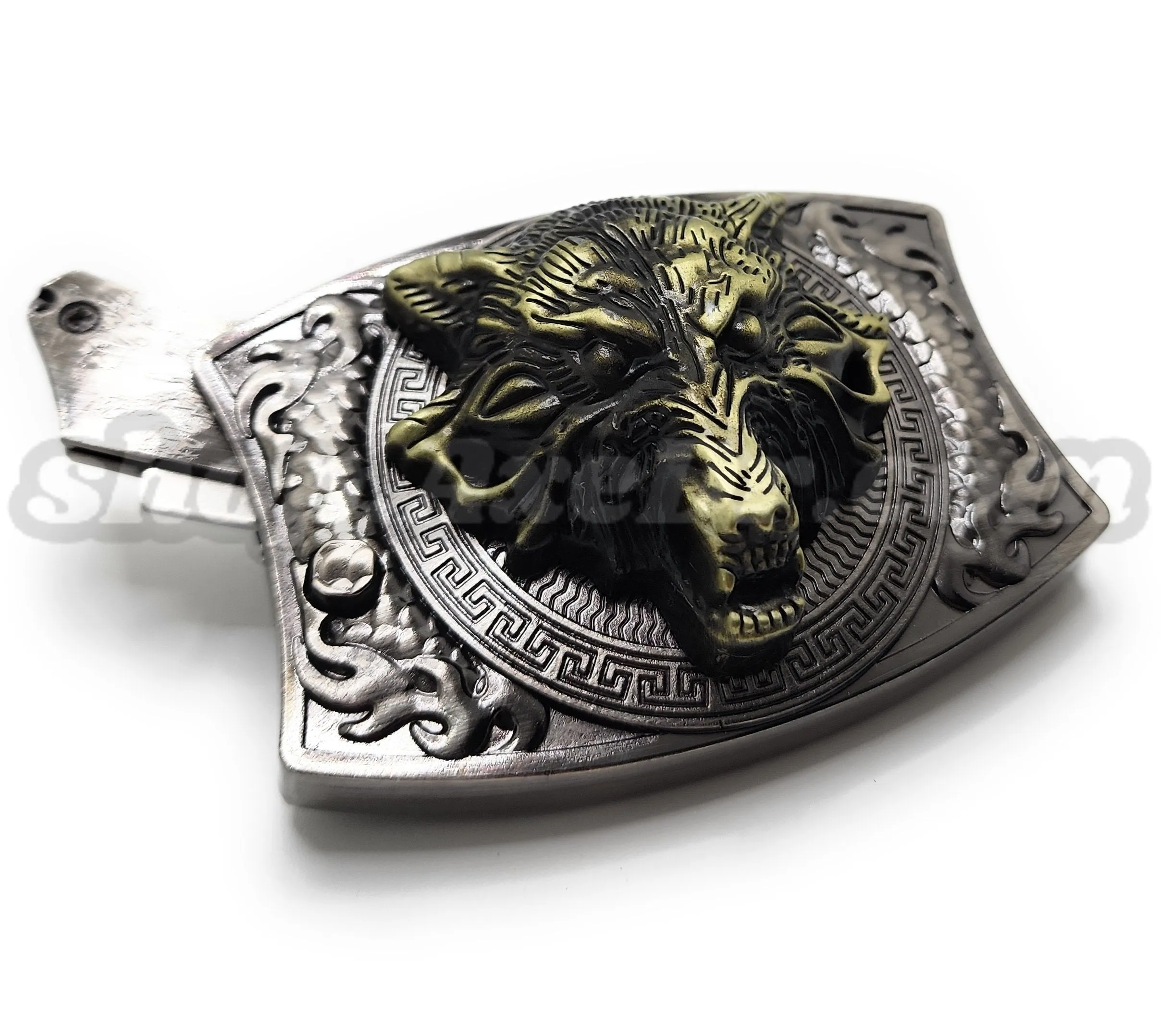 Gold Wolf Head Folding Knife Belt Buckle Push-Button-Release