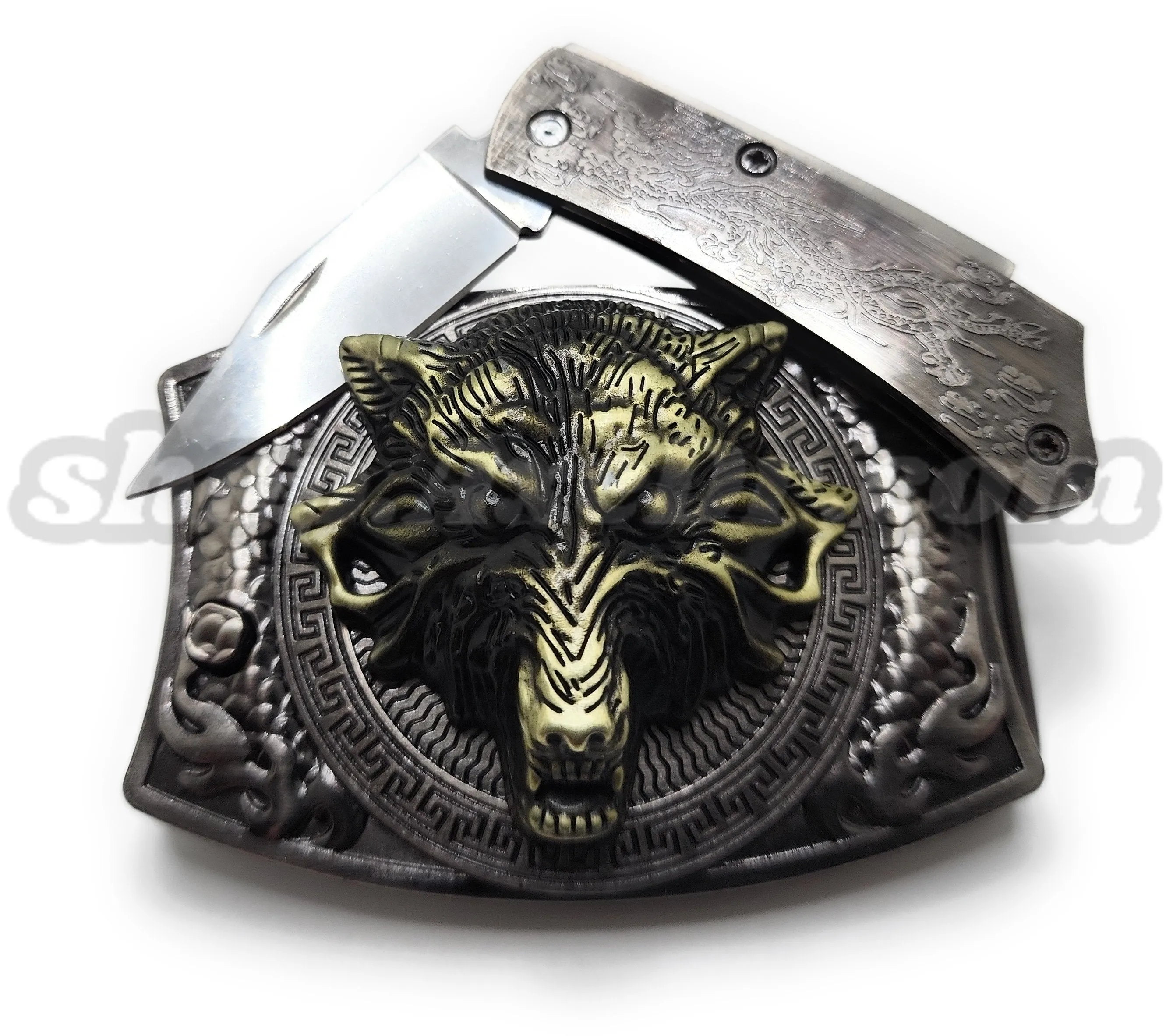 Gold Wolf Head Folding Knife Belt Buckle Push-Button-Release