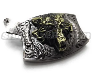 Gold Wolf Head Folding Knife Belt Buckle Push-Button-Release