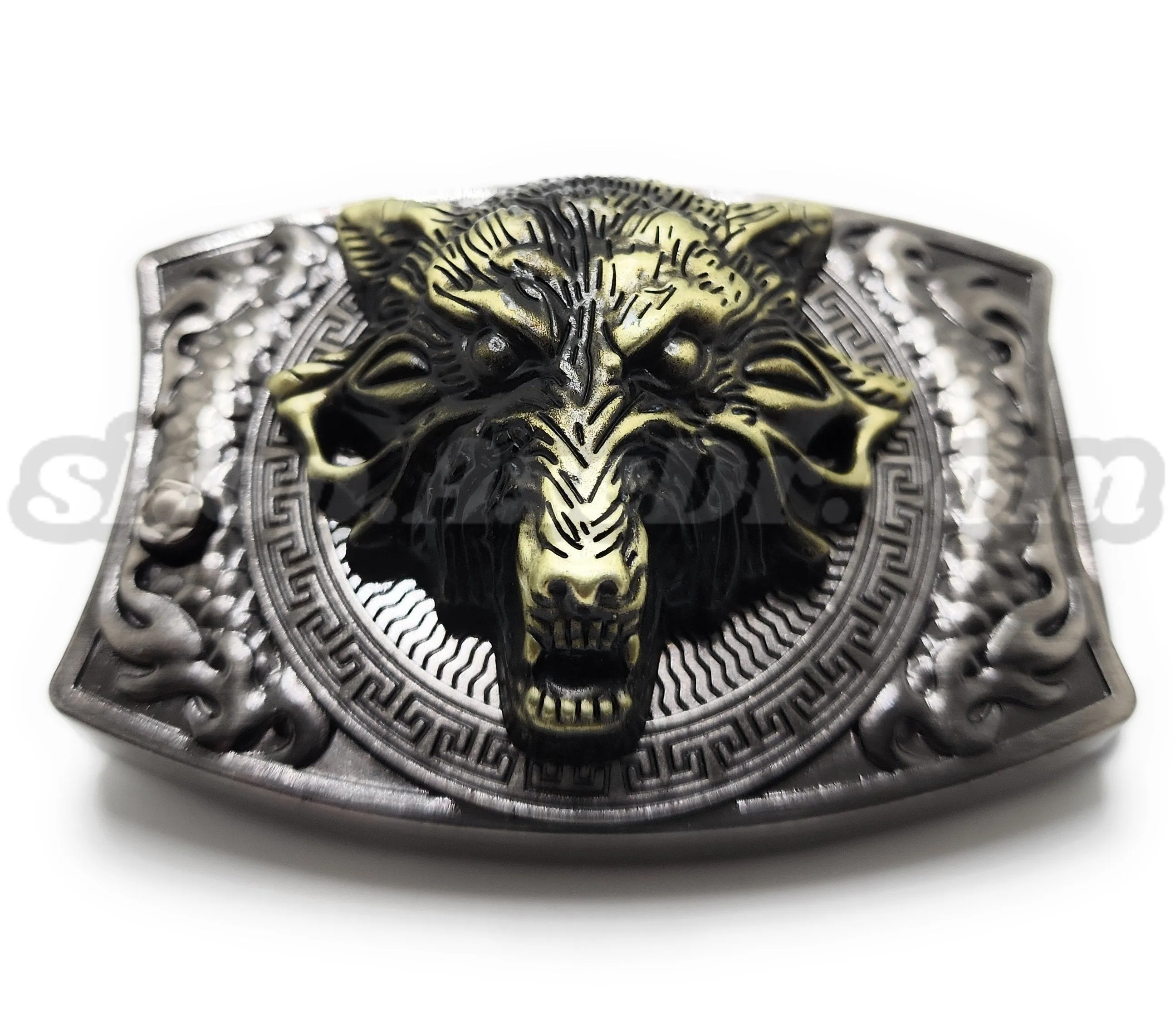 Gold Wolf Head Folding Knife Belt Buckle Push-Button-Release