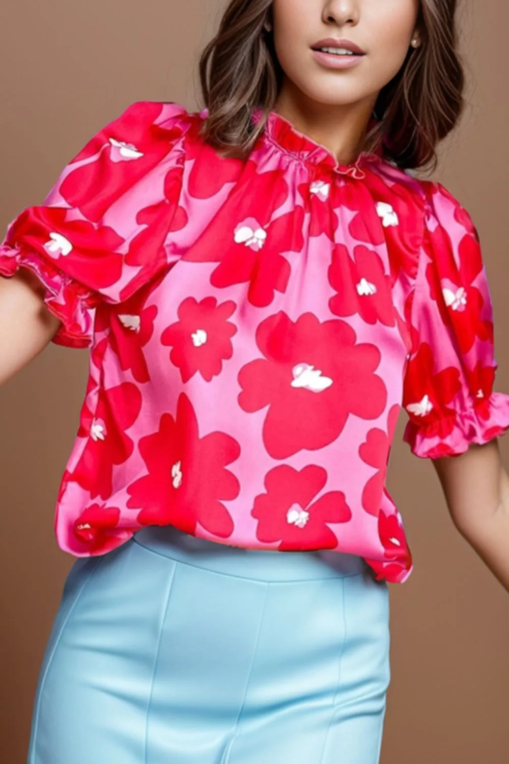 Grant Ruffled Printed Mock Neck Short Sleeve Blouse
