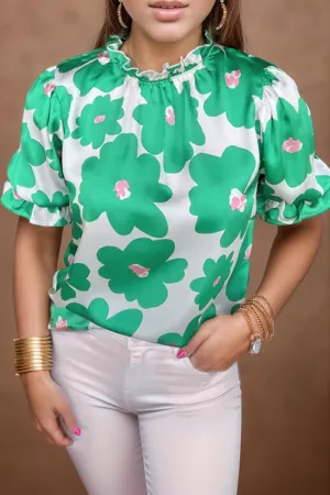 Grant Ruffled Printed Mock Neck Short Sleeve Blouse