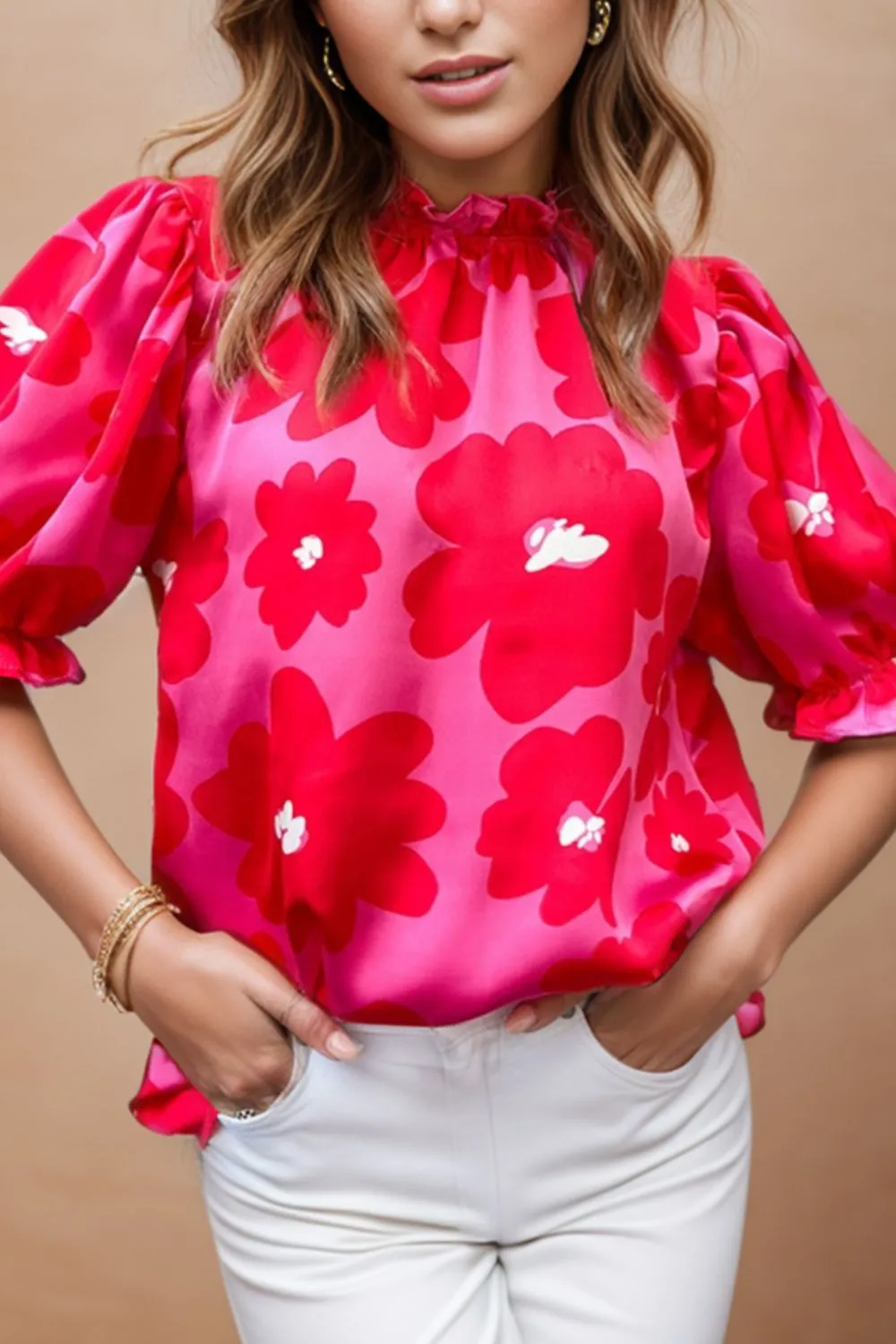Grant Ruffled Printed Mock Neck Short Sleeve Blouse