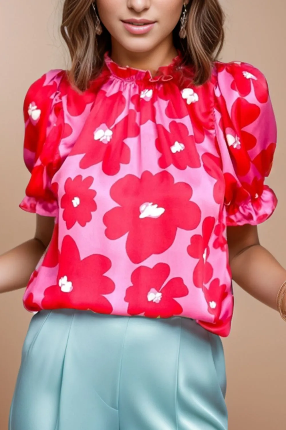 Grant Ruffled Printed Mock Neck Short Sleeve Blouse