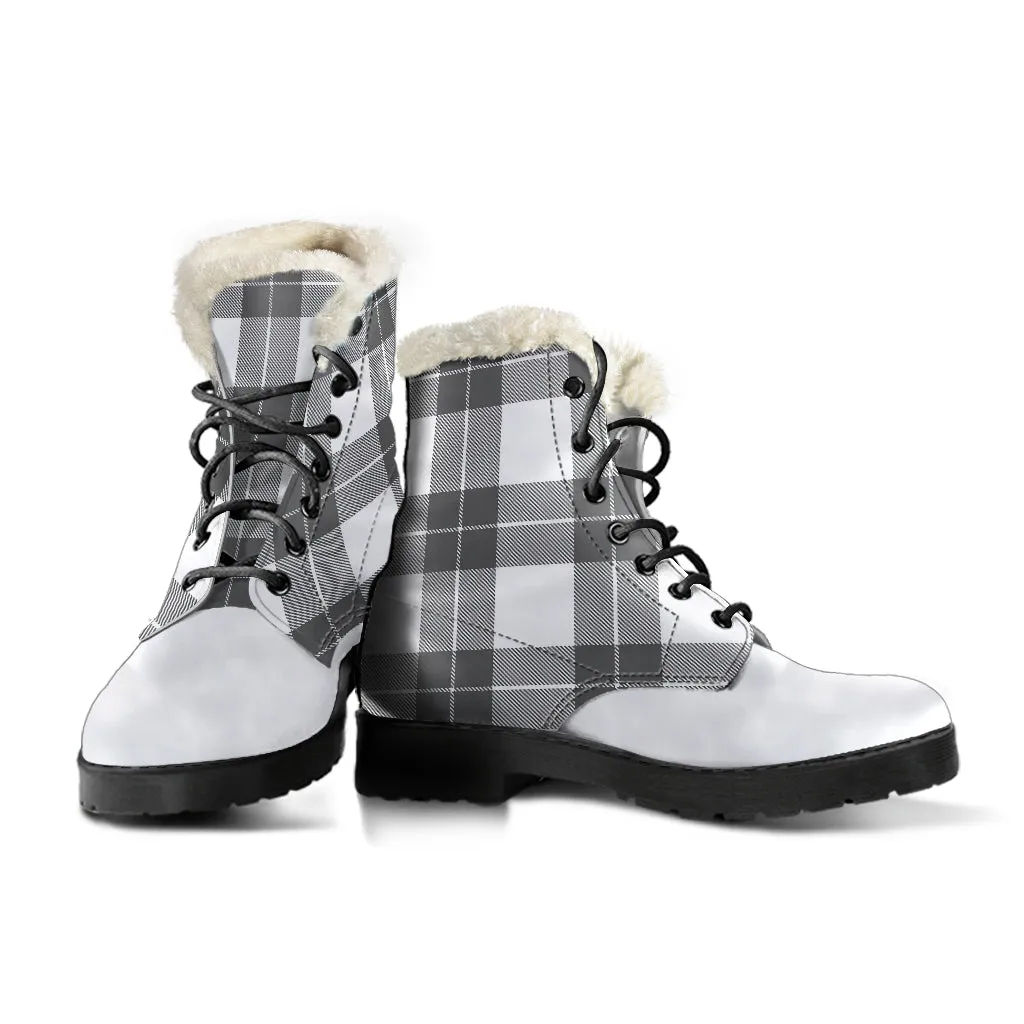 Gray and White Plaid Faux Fur Lined Vegan Leather Boots With White Toe