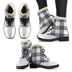 Gray and White Plaid Faux Fur Lined Vegan Leather Boots With White Toe