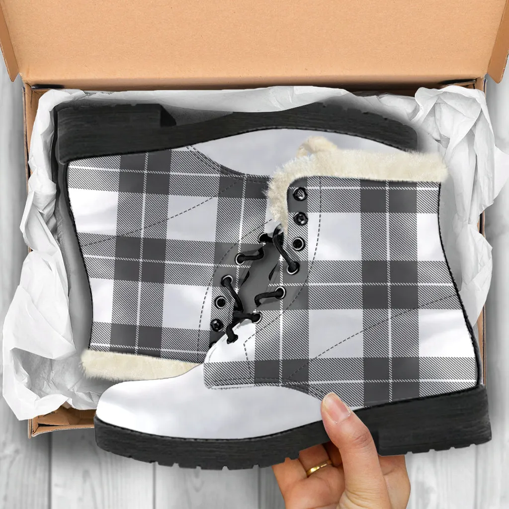 Gray and White Plaid Faux Fur Lined Vegan Leather Boots With White Toe
