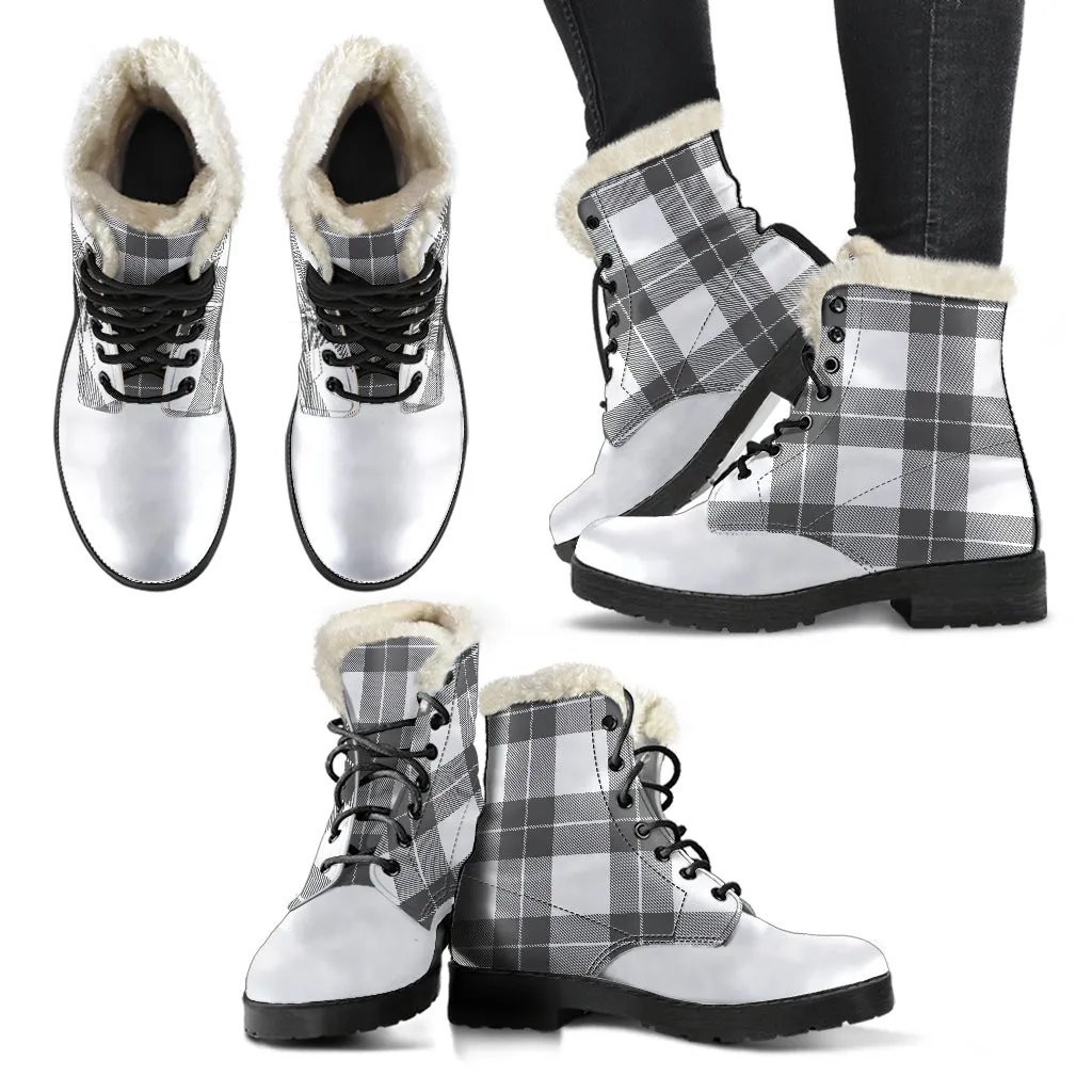 Gray and White Plaid Faux Fur Lined Vegan Leather Boots With White Toe