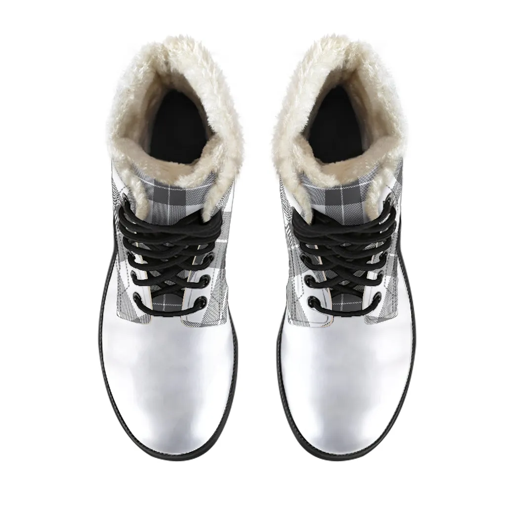 Gray and White Plaid Faux Fur Lined Vegan Leather Boots With White Toe