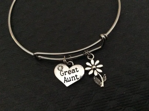 Great Aunt Charm Silver Bangle Silver Adjustable Wire Bangle Charm Bracelet Expandable Trendy