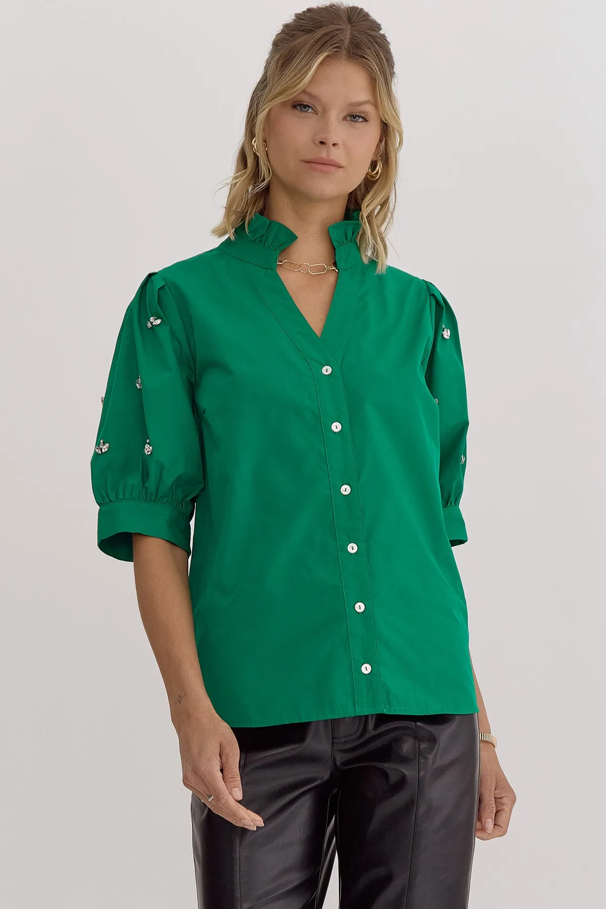 Green Bedazzled Sleeve Blouse