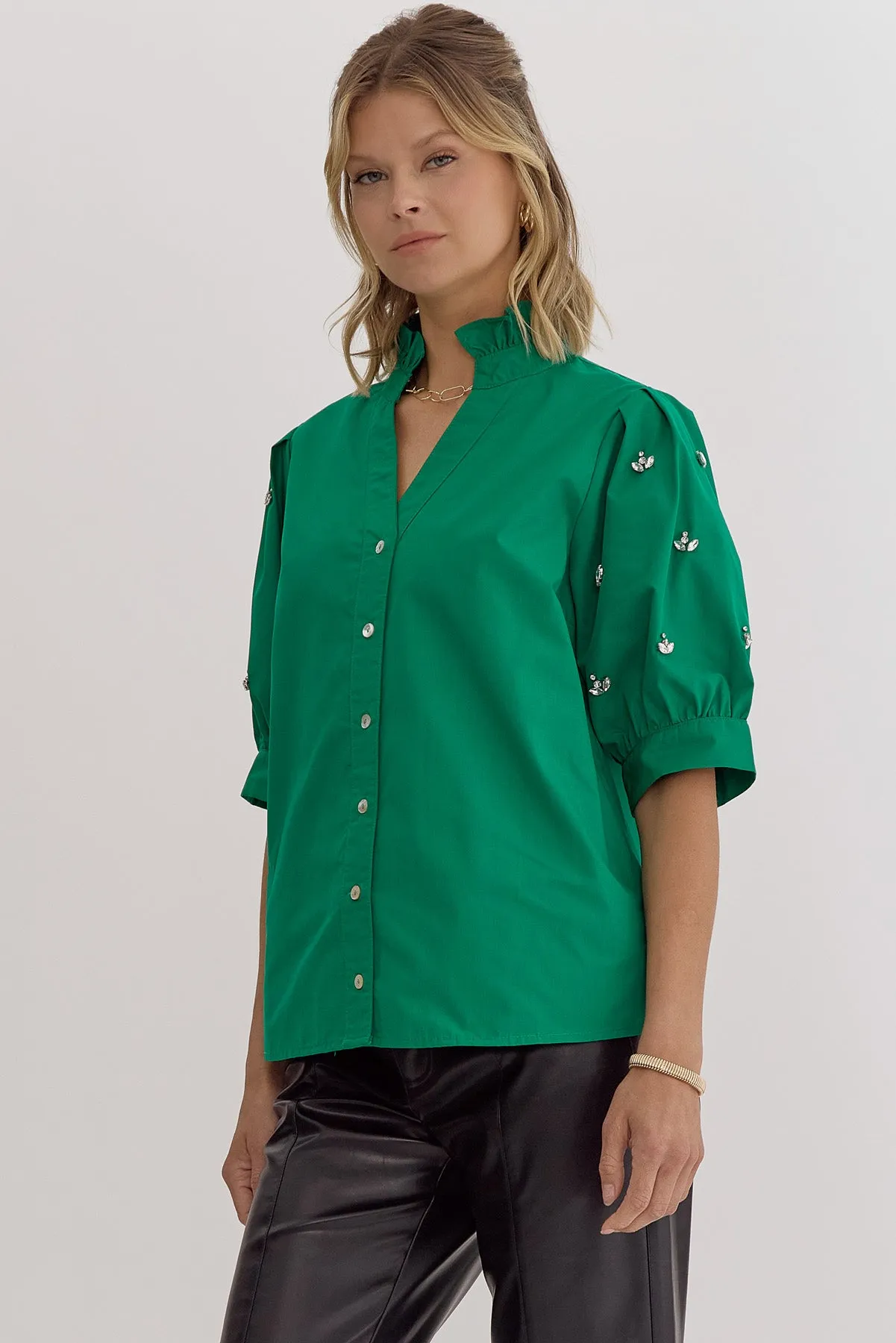Green Bedazzled Sleeve Blouse