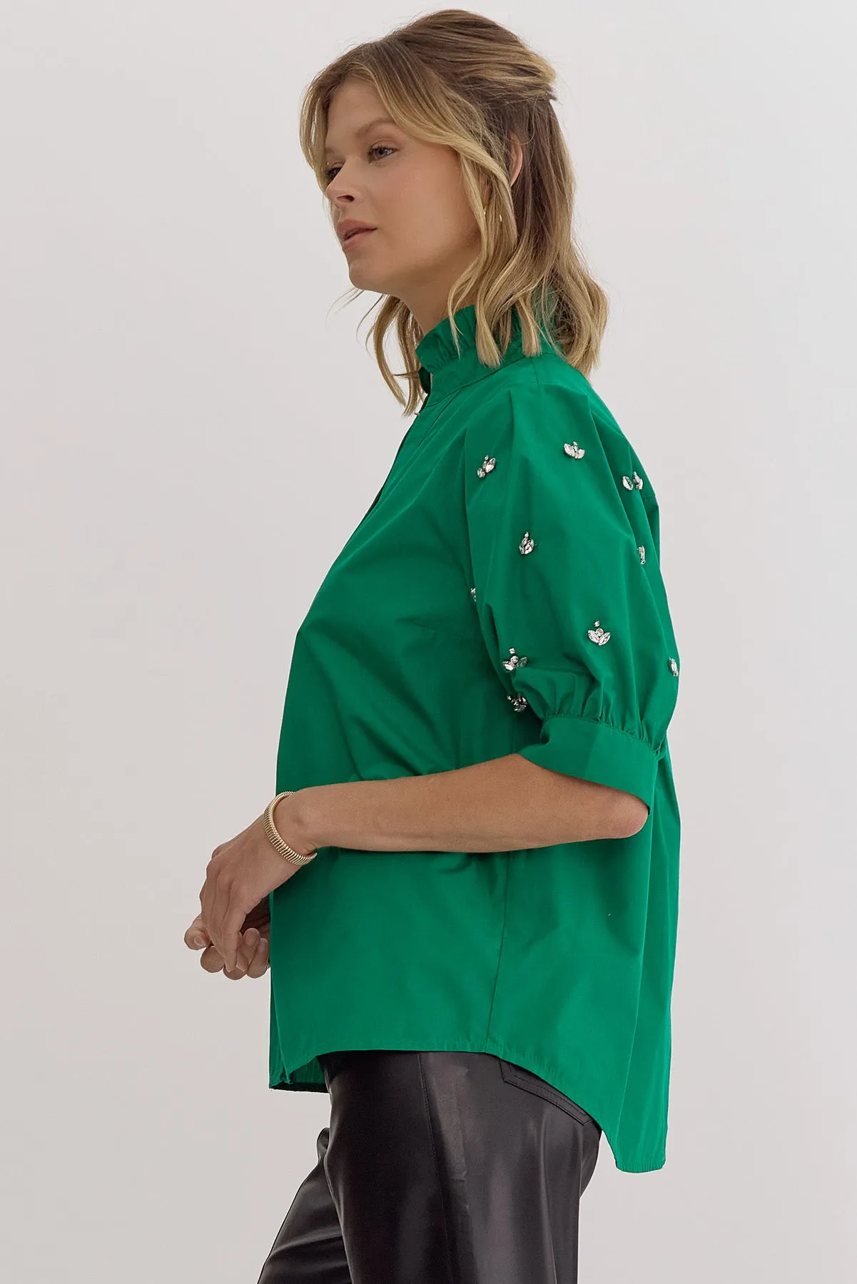 Green Bedazzled Sleeve Blouse